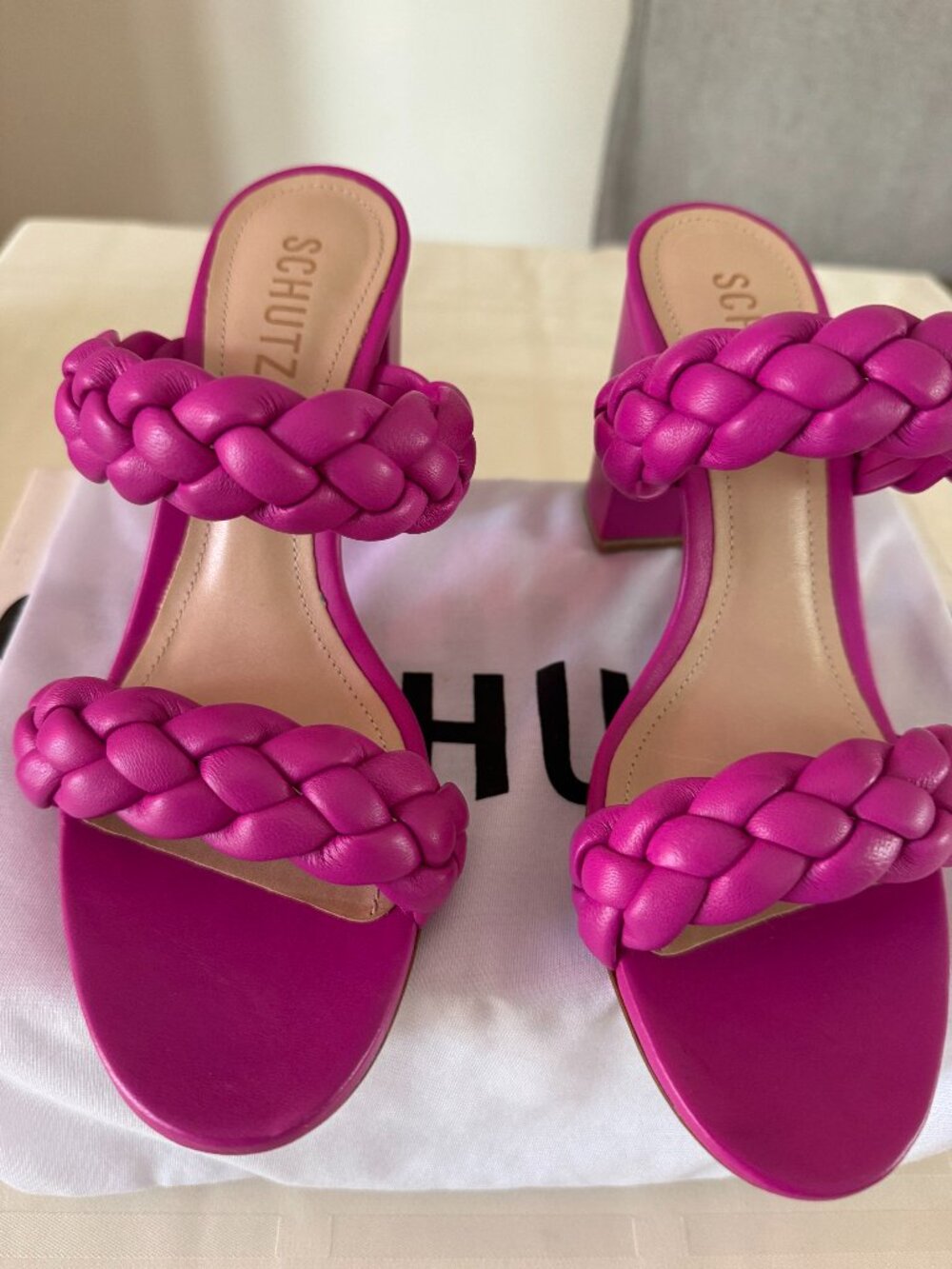 Schutz Braided Block Heel Sandals – Fuchsia Pink – Size 7.5 – New